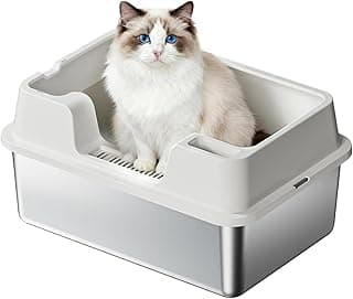 Stainless Steel Litter Box, 24.6'' Semi-Enclosed Cat Litter Boxes with PP High-Sided Pan, Flip-Top Lid, Scoop, Anti-Leak Design, Beige