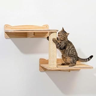 Cat Wall Shelves, 2-Tier Cat Shelves with Sisal Scratching Post, Sisal Mat Solid Pine Wood Wall Mounted Cat Climbing Furniture, Modular Design