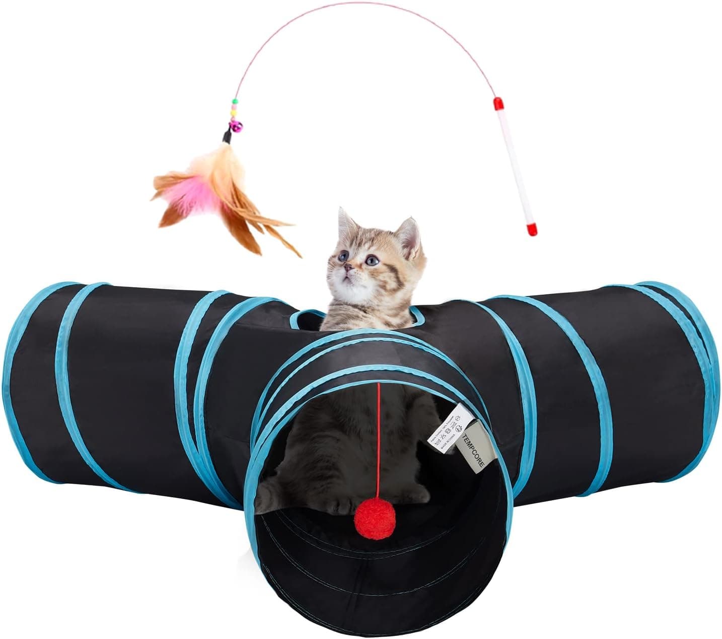 Tempcore Pet Cat Tunnel Tube Toys 3 Way Collapsible, Tunnels for Indoor Cats, Interactive Tube with Teaser Wand, Peek Holes & Hanging Ball, Black & Blue