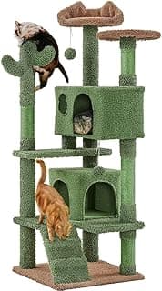 Yaheetech Cactus Cat Tree, 54in Tower w/Ramp, Animal-Ear Shaped Perch, Scratching Posts, Platform & Hanging Ball, Multi-Level Condo for Indoor Kittens, Green/Brown