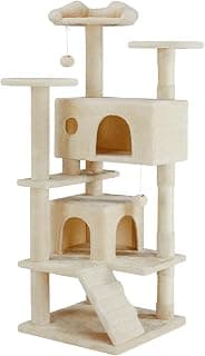 Sweetcrispy 54 Inch Cats Tree Tower, Multi-Level with Scratching Post, Indoor Cat Tree Condo with Climbing Ladder, Plush Toy, Play House for Kittens, Beige