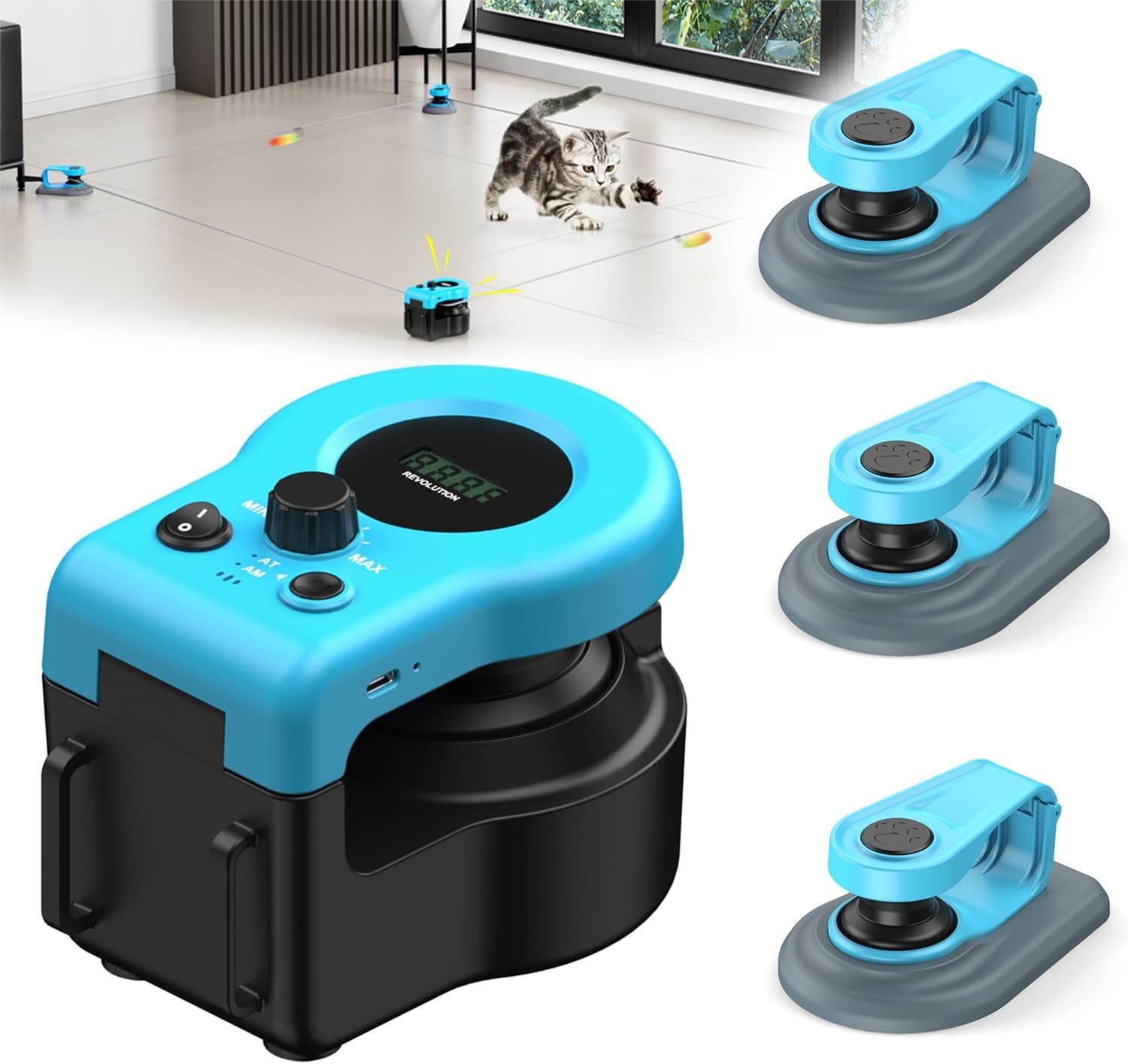 Interactive Cat Toy for Indoor Cats, Auto/Remote Control DIY Cat Mouse Hunting Treadmill Keep Bored Kitten Puppy Entertained to Chase, Feather Toy to Exercise-Blue & Black