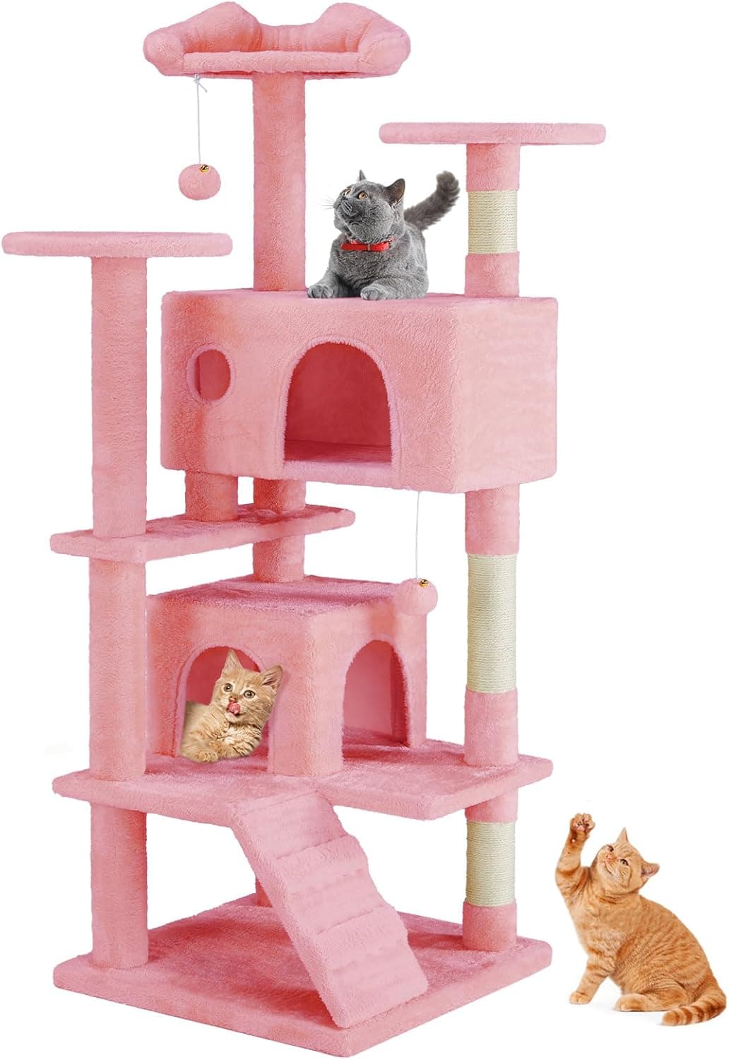 Sweetcrispy 54 Inch Cats Tree Tower, Multi-Level with Scratching Post, Indoor Cat Tree Condo with Climbing Ladder, Plush Toy, Play House for Kittens, Pink