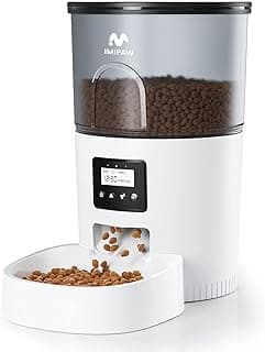 IMIPAW Automatic Cat Feeders, Timed Cat Dry Food Dispenser with Desiccant Bag, Dual Power Supply, Programmable Portion Size, 6 Meals, 20 Portions Per Day, Auto Pet Feeder for Cats and Small Dog, White