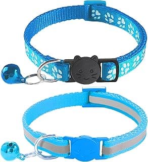 2 Pack Breakaway Cat Collars with Bells, Reflective Design and Claw Print Design, Safety Buckle Kitten Collars Adjustable from 7.5 to 12.5 Inches (Sky Blue)