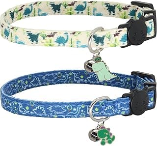 Cat Collar Breakaway, 2 Pack Cotton Kitten Collars with Bells and Removable Charms, Cute Dinosaurs Shaped for Indoor Boy, Girl and Adult Cats
