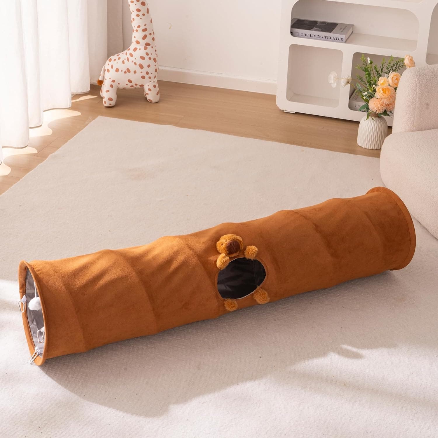 Cat Tunnels for Indoor Cats Straight Foldable Suede Pet Tunnel Toy with a Capybara Plush at the Peek-a-Boo Hole for Kittens Rabbits Puppies, 47.2" L