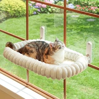Zakkart SnugCloud Foldable Cat Window Perch - Cordless, Ultra Soft Machine Washable Bed with 4-Sided Bolster, Metal Frame - Window Hammock for Large Cats and Kittens (Cream White, Medium)