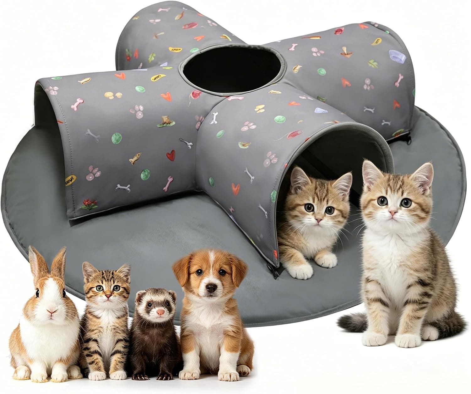 4-Way Indoor Cat Tunnel Bed with Top Peek Hole, 2-in-1 Collapsible Hideout with Removable Washable Mat, Interactive Play Tunnel for Cats, Kittens, Rabbits, Ferrets & Small Pets