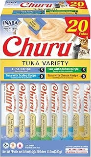 INABA Churu Cat Treats, Lickable, Squeezable Creamy Purée Cat Treat with Green Tea Extract & Taurine, 0.5 Ounces Each Tube, 20 Tubes, Tuna Variety Box