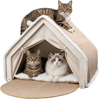 Cat Houses for Indoor Cats with Natural Sisal Scratcher Mat,Curtains,Bed and Floor Rug–Solid Wood Frame Cat Cave,Cat Scratch House