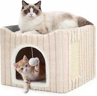 Avont 3-in-1 Cat Cave Bed for Indoor Cats with Scratch Pad | Scratch Pad & Hanging Ball, Large Hideaway for up to 20 LBS, Washable Cushion, Foldable Design, Available in Grey & Cream