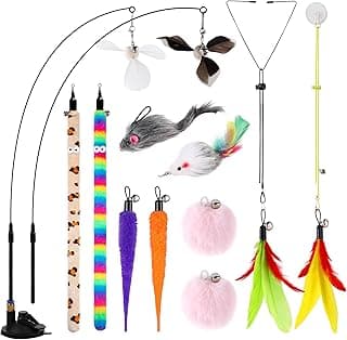 Soarer 4-in-1 Interactive Cat Wand Toy,12Pcs Durable Fishing Pole Cat Feathers Toys Replacements,Enhanced Suction Cup Cat Toy Floor,2 Types Door Hanging Cat String Toys for Indoor Kitten
