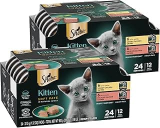 Sheba Perfect Portions Kitten Wet Food, Pate Cat Food Wet Entree, Chicken Recipe and Salmon Recipe, 2.6 oz. Twin-Pack Trays (12 Count, 24 Servings) (Pack of 2)