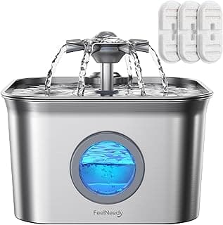 Stainless Steel Cat Water Fountain, 2.8L with 20dB Ultra-Quiet Pump- Ideal for Timid Pets, LED Water Level Window, Dishwasher Safe, 24/7 Circulation- Includes 3 Replacement Filters