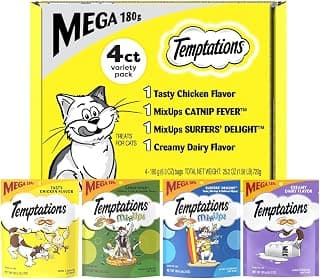 Temptations Cat Treats Classic Crunchy and Soft Cat Treats Variety Pack, 6.3 oz. Pouches (Pack of 4)
