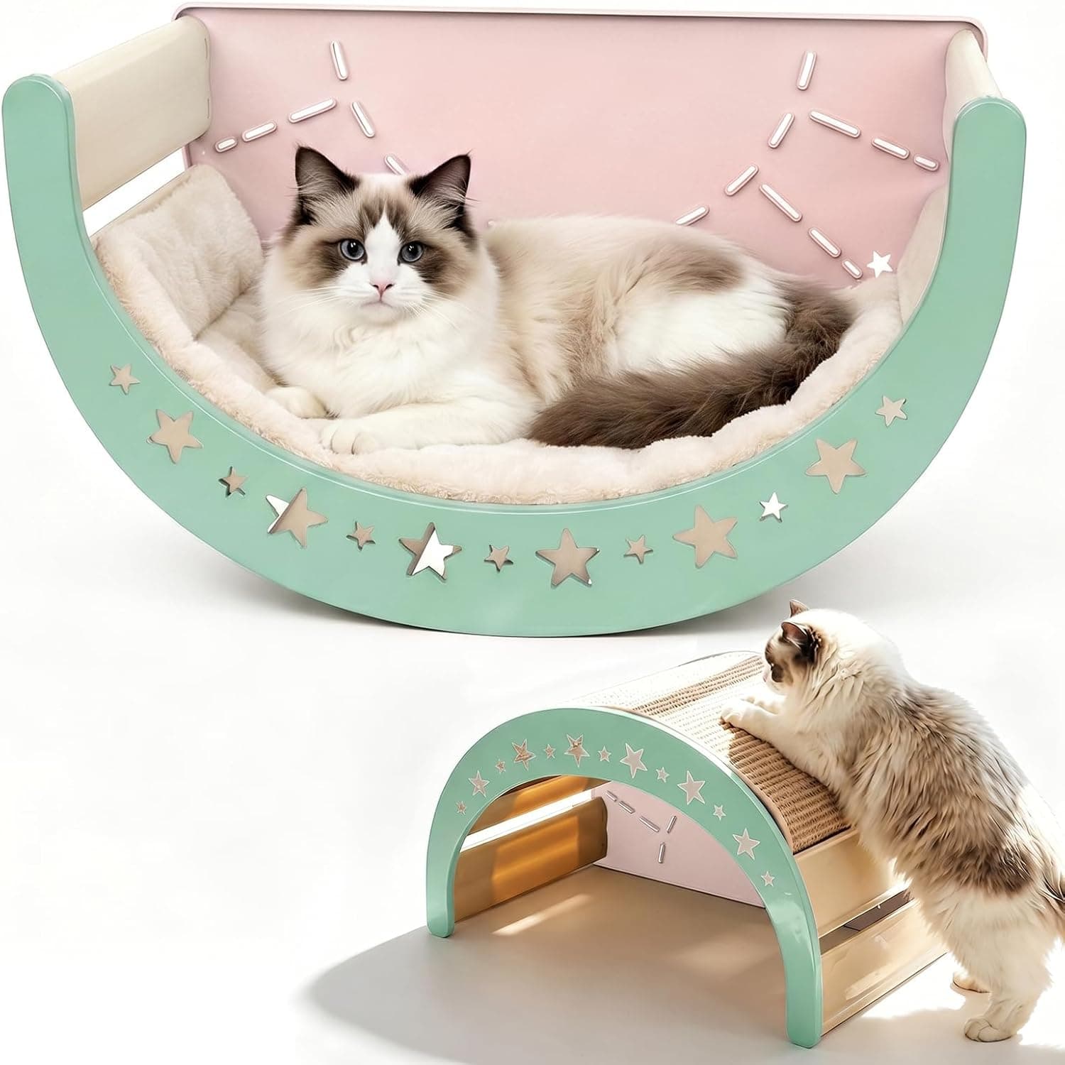 Cat Rocking Bed with Washable Removable Cushion and Sisal Scratching Pads Cat Scratcher Multifunctional Cat Furniture, Pink