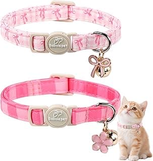 2 Pack Pink Cat Collars - Spring Summer Breakaway Cat Collar with Bell, Bow and Flower Pendant, Adjustable Kitten Collars for Girl Cats, Cute Pink Plaid &Bow