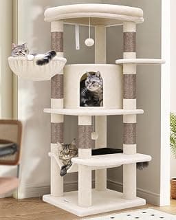 Globlazer Corner Cat Tree, 51in Curved Series Modern Cat Tower for Indoor Cats with Hammock, 7 Sisal Scratching Posts, Large Fan-Shaped Platform for Large Cats, Cat Condo & Hanging Basket, C51, Beige​