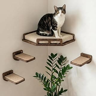 INICIO Cat Wall Shelves - Safe and Sturdy Cat Wall Furniture - Stylish Natural Wood Corner Shelf with 3 Steps for Cats up to 15lbs - Cushioned Perch and Stairs for Climbing and Playing - Dark Brown