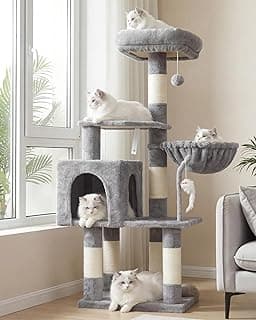 Heybly Cat Tree with Toy, Cat Tower condo for Indoor Cats, Cat House with Padded Plush Perch, Cozy Hammock and Sisal Scratching Posts, Light Gray HCT004SW