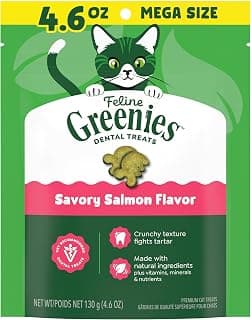 Greenies Cat Treats, Feline Veterinarian-Recommended Adult Natural Dental Cat Treats, Savory Salmon Flavor, 4.6 oz. Pouch