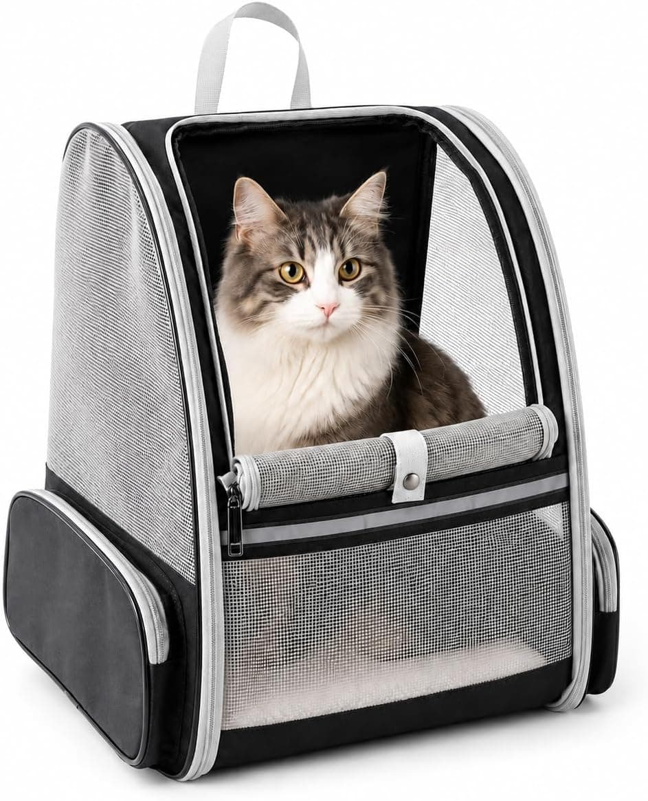 Cat Carrier Backpack for Cats and Small Dogs Up to 15 lbs, Airline-Friendly Pet Backpack with Support Frame, Hard Bottom, Breathable Scratch-Resistant Mesh, Multiple Openings, Washable Pad（Black）