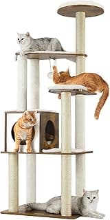 Feandrea Cat Tree, 64.6-Inch Modern Cat Tower, Multi-Level Condo with 5 Scratching Posts, Perch, Washable Removable Cushions, Cave, Rustic Brown UPCT166X01