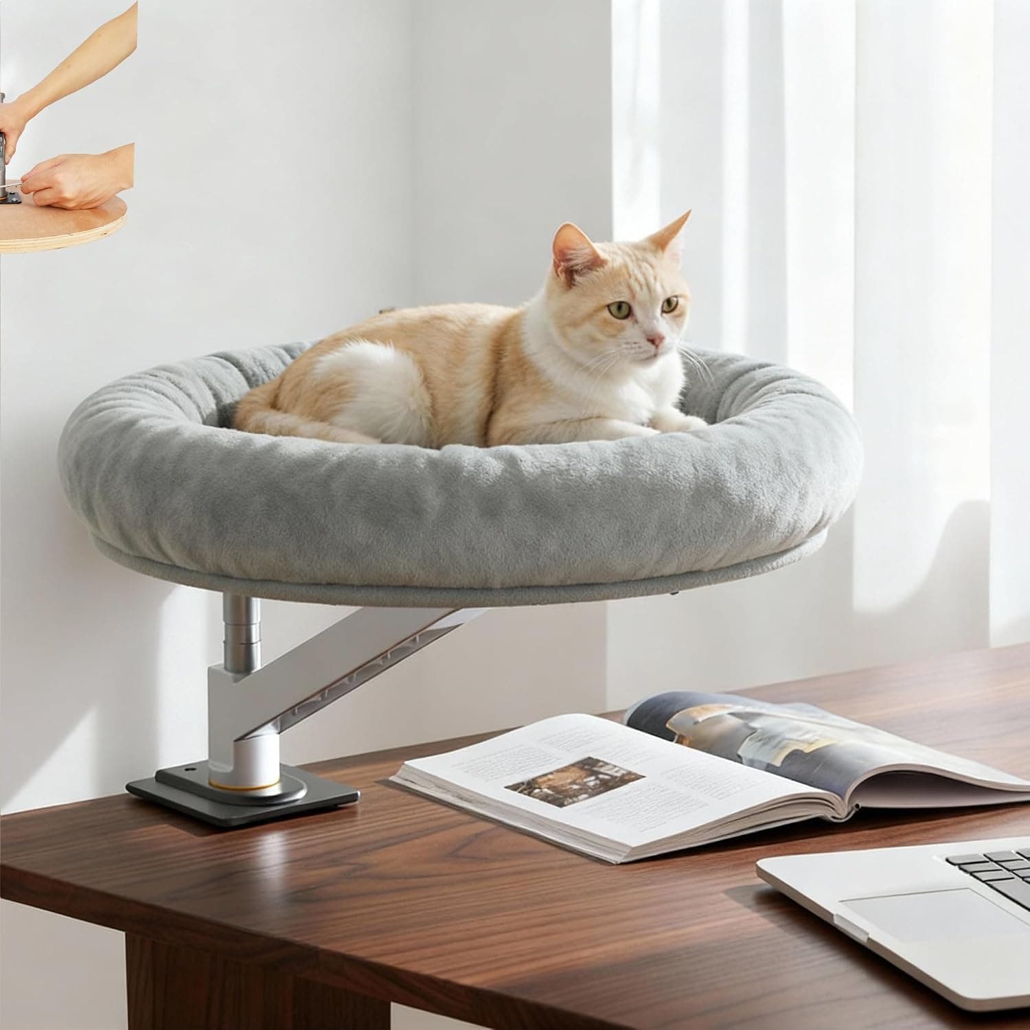 tomxcute Cat Desk Bed 360° Rotation & Height Adjustable, Office Cat Bed 45 lbs Support - Integrated Die Cast Arm for Stability, Hammock for Desk with Wooden Base Removable Washable
