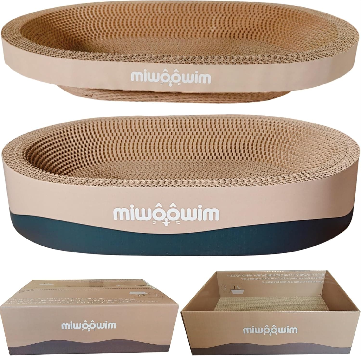 miwoowim 3-Piece Cat Scratcher Set, Oval Bowl Nest for Indoor Cats | 2 oval bed &1 box for scratching & lounging,Durable round corrugated cardboard pad & catnip toy.Furniture protector for couch