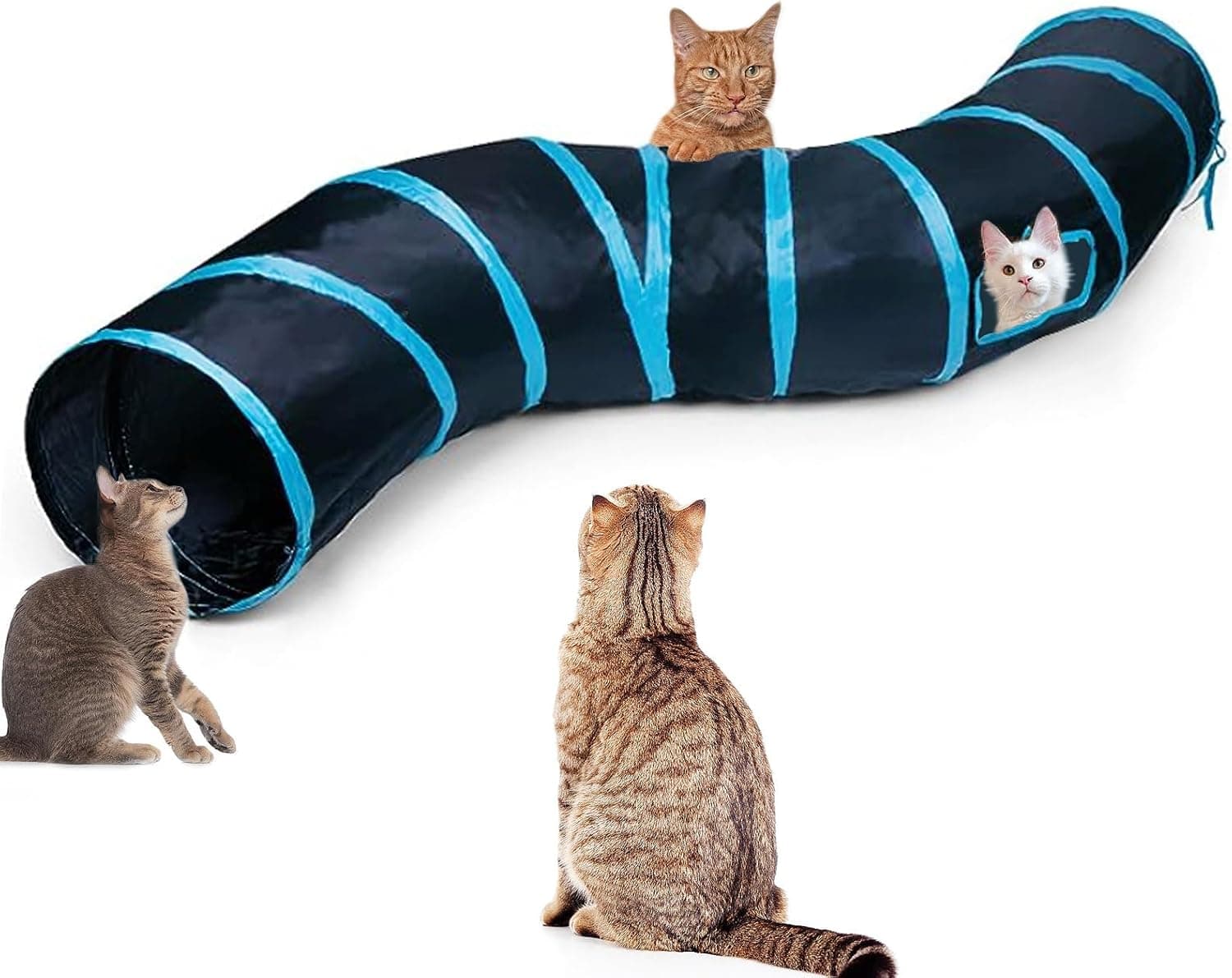 Cat Tunnel Tube Toys，Tunnels for Indoor Cats, S-Shape Blue Collapsible Interactive Toy with Balls for Rabbits, Kittens, Ferrets, Puppy