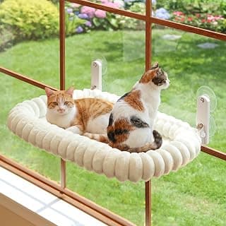 Zakkart SnugCloud Foldable Cat Window Perch - Cordless, Ultra Soft Machine Washable Bed with 4-Sided Bolster, Metal Frame - Window Hammock for Large Cats and Kittens (Cream White, Large)
