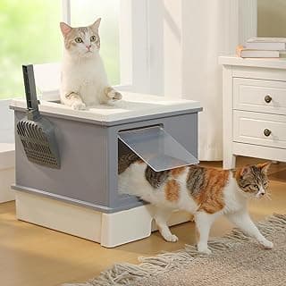 PEQULTI Large Cat Litter Box with Lid, 88L High Capacity Covered Kitty Litter Box, Anti-Leaking Raised Edge Guard, Pull-Out Drawer Design & Foldable Large Scoop, Front & Top Entry for Big Cats, Grey