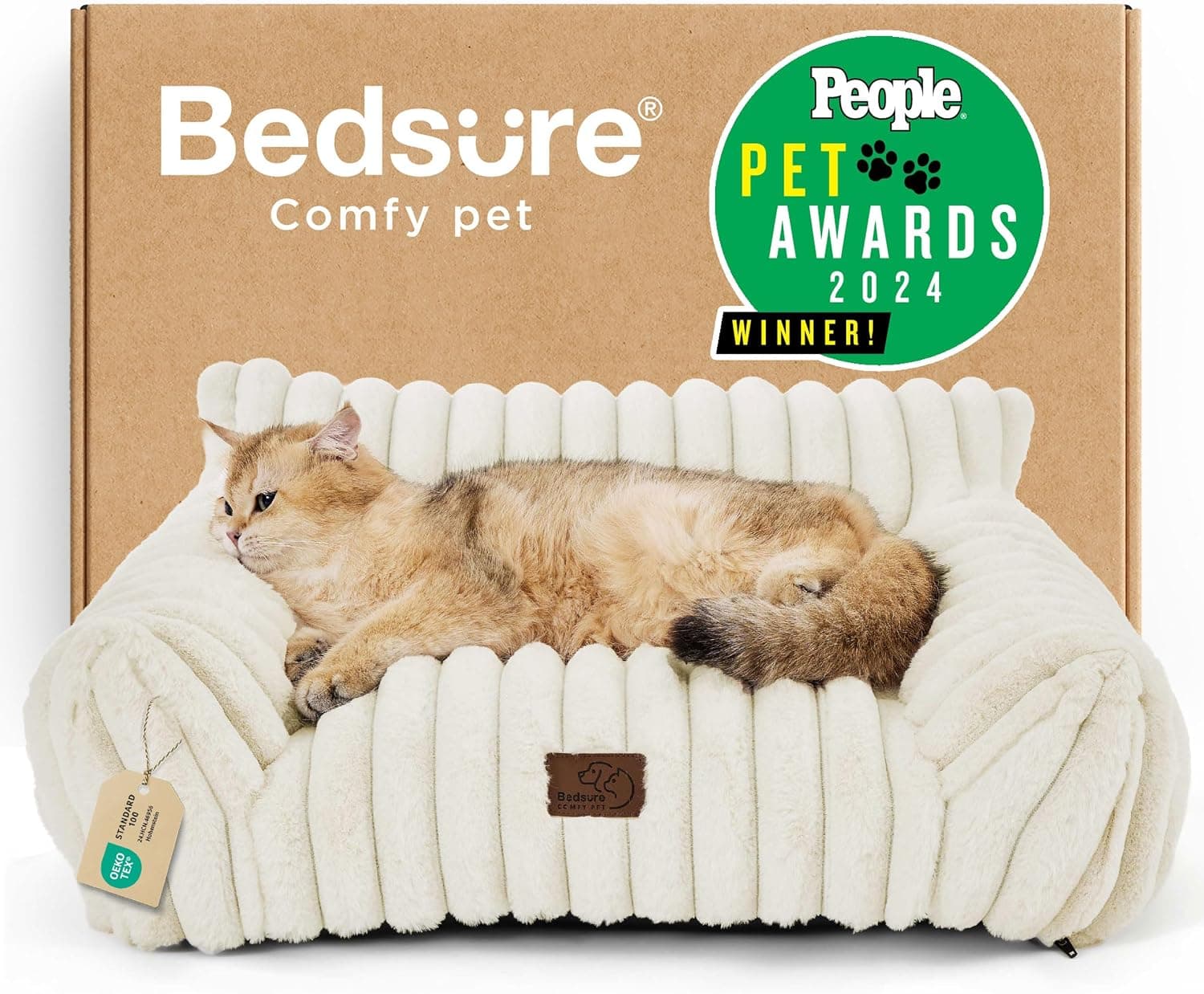 Bedsure ComfyFleece™ Cute Cat Couch for Pets - As Seen on TV on Good Day New York, Fluffy Cats beds for Indoor Cats with Removable Washable Cover, Supportive Pet Sofa, 24inch, Cream