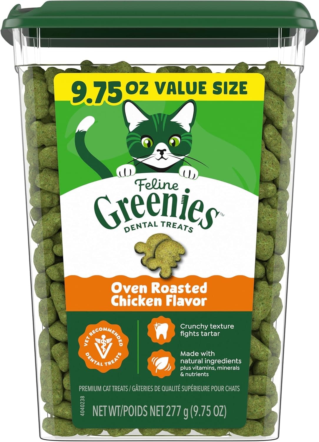 Greenies Cat Treats, Feline Veterinarian-Recommended Adult Natural Dental Cat Treats, Oven Roasted Chicken Flavor, 9.75 oz. Tub