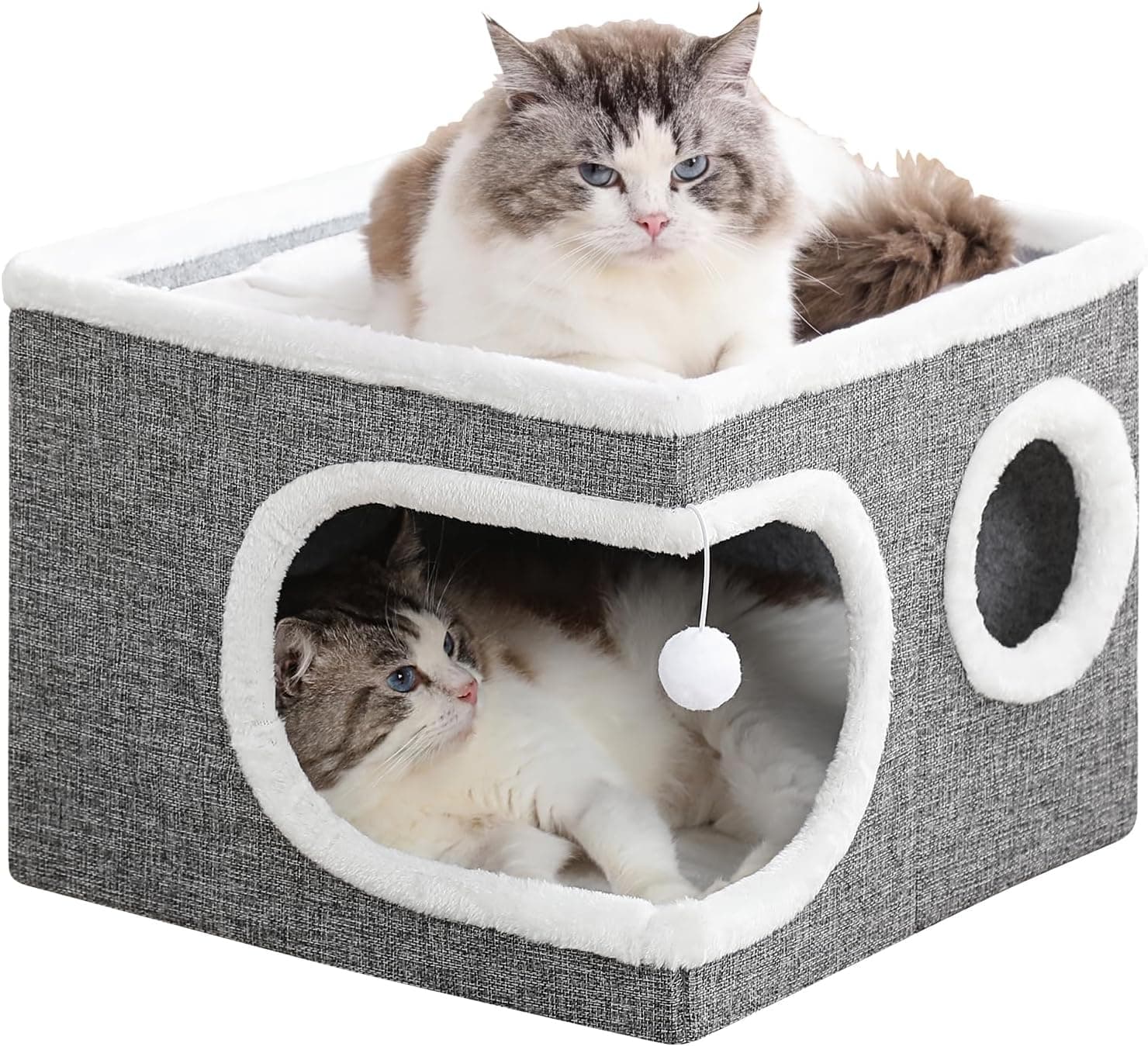 Cat Houses for Indoor Cats, Large Covered Cat Cave Beds & Furniture with Scratch Pad and Fluffy Ball,Foldable Cat Hideaway for Kitten,16x16x13 inches, Grey
