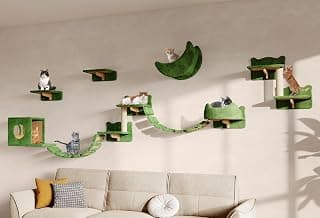 13-in-1 Cat Wall Shelves, Wall Mounted Cats Furniture Set with Plush Fabric, Cat Climbing Wall Systems, Cats Shelf with Moon Hammock, Condo, House, Step, Bridge Ladder, Scratching Post, Green