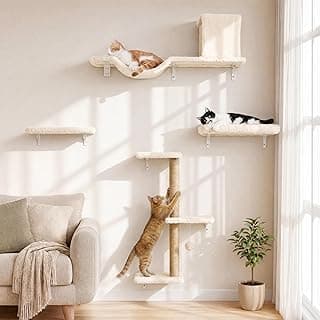 FUKUMARU Cat Wall Shelves, Stable & Safe 4 in 1 Cat Walls Furniture Set, Wooden Kitten Climbing Wall with Scratching Post for 16 Inch Drywall - Beige