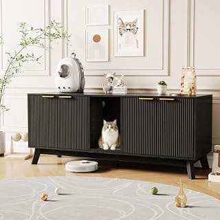 Garvee Cat Litter Box Enclosure for 2 Cats, 59" Hidden Litter Boxes Furniture with Cat Litter Mat, Large Indoor Pet House with Double Room, Wooden TV Stand Side Table, Black