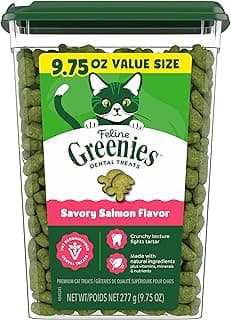 Greenies Cat Treats, Feline Veterinarian-Recommended Adult Natural Dental Cat Treats, Savory Salmon Flavor, 9.75 oz. Tub