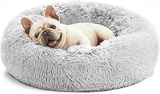 Love's cabin Calming Cat Bed for Indoor Cats, Anti-Anxiety Donut Round Dog Bed, Fluffy Faux Fur Washable Pet Bed for Small Medium Dogs and Cats, Grey, 20in