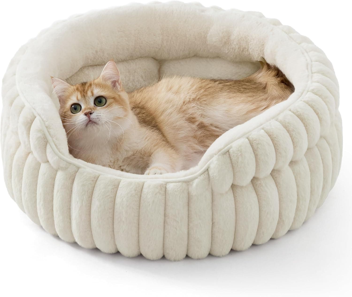 Bedsure ComfyFleece™ Cat Bed, Washable Round Cute Pet Beds for Indoor Cats, Super Soft Corduroy Kitten Bed with Anti-Slip Bottom, 20''x20''x8'', Cream