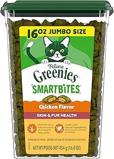 Greenies Cat Treats, Feline Smartbites, Skin & Fur Health, Crunchy and Soft Cat Treats, Chicken Flavor, 16 oz. Tub