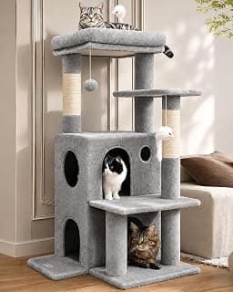 Globlazer Cat Tree Tower for Indoor Cats, 50-inch Adult Cat Tree House for Large Adult Cats with Steps, Scratching Post, 2 Cat Caves, Dangling Toys, FC50, Light Grey