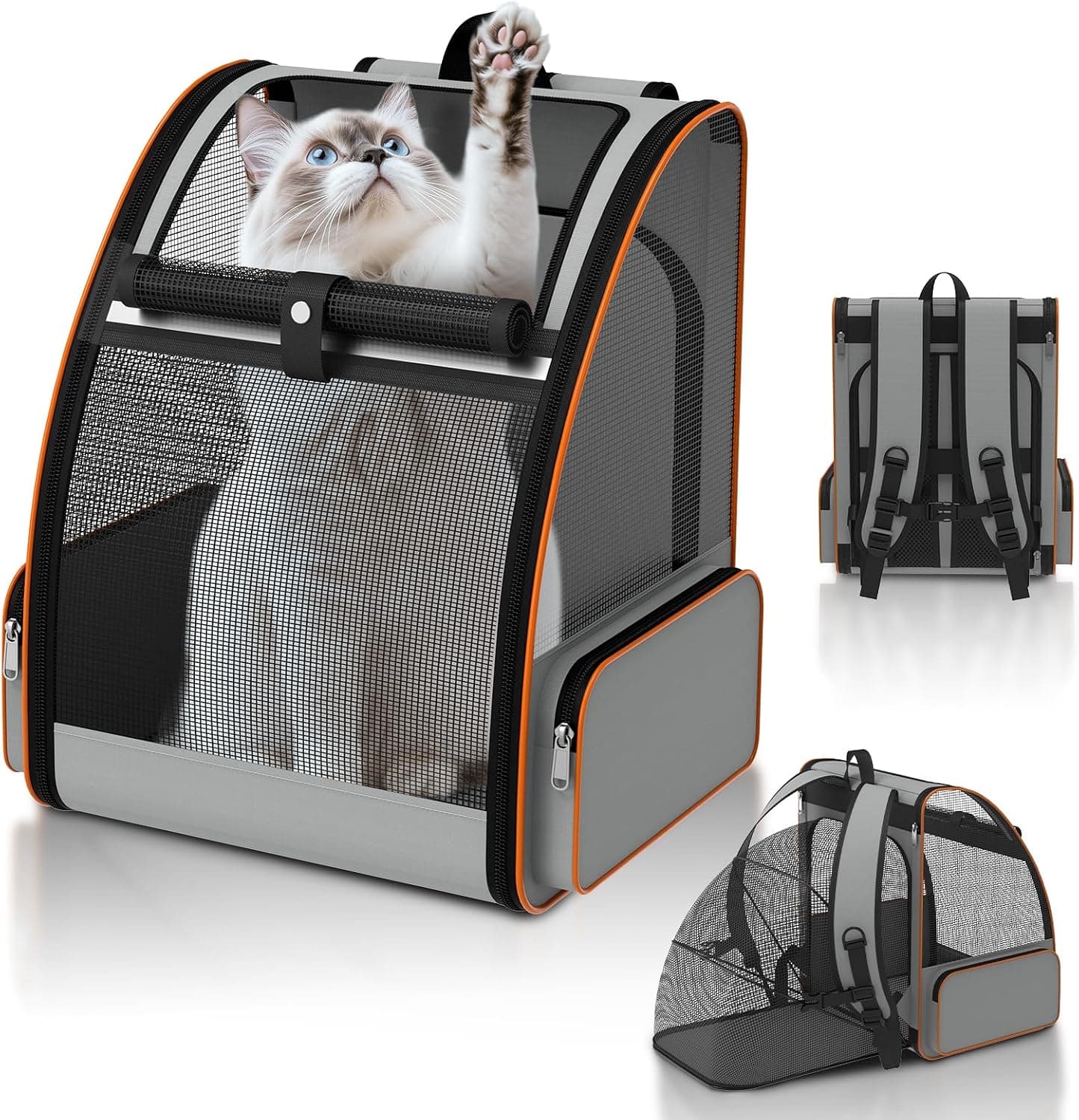 Cat Backpack Carrier Expandable for Outdoor - Foldable Cat Backpack with Breathable Mesh for Small Dog Puppy Kitten Up to 15 lbs - Soft Sided Pet Carrier for Travel Hiking Camping (Gray)