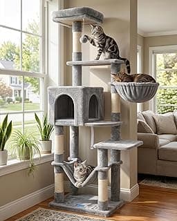 Hey-brother Cat Tree with Large Hammock, Multi-Level Cat Tower for Indoor Cats, Cat Condo with Sisal-Covered Scratching Posts and Top Perch, Light Gray MPJ050W