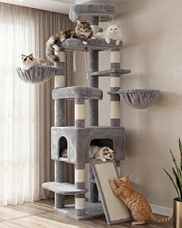 Heybly Cat Tree, 82.7″ Extra Tall Cat Tower with Multi-Level Platforms for Indoor Cats Large Adult, Giant Cat Condo with 2 Baskets, Spacious Cat Cave, Wide Sisal Scratching Board, Light Gray HCT063W