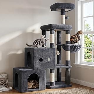 Hey-brother Cat Tree Tower, Scratching Posts with 2 Spacious Condos, 2 Platforms, Self-Grooming Brush, Cozy Basket, Step-by-Step Climbing Pathway for Indoor Cats, 51.2 Inches, Smoky Gray MPJ061G