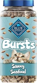 Blue Buffalo Bursts Savory Seafood Crunchy & Creamy Cat Treats, Great for Training, Real Salmon Natural Cat Treats Enhanced with Vitamins, Minerals & Other Nutrients, Tub 12 oz.