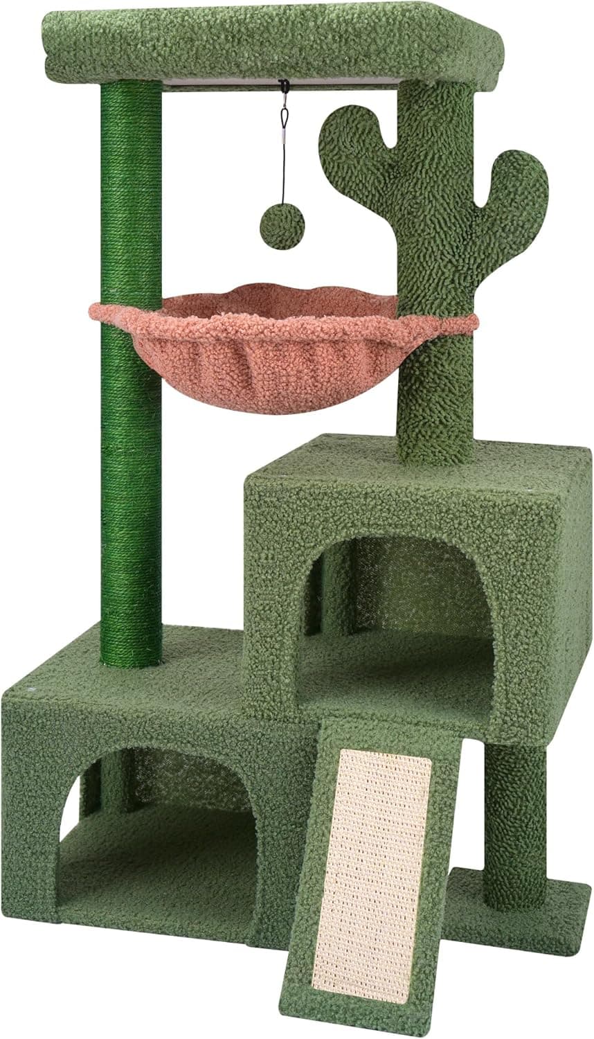 AIWIKIDE 37.4" Cactus Cat Tree Tower with Twin Cat Condos for Indoor Cats, All-in-One Activity Center with Cat Scratching Post Cozy Sleeping Perch Hammock and Toy Balls,Green